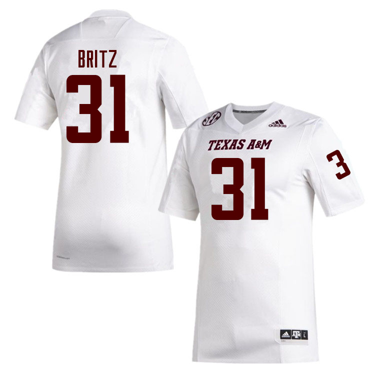 Men #31 Reinard Britz Texas A&M Aggies College Football Jerseys Sale-White - Click Image to Close